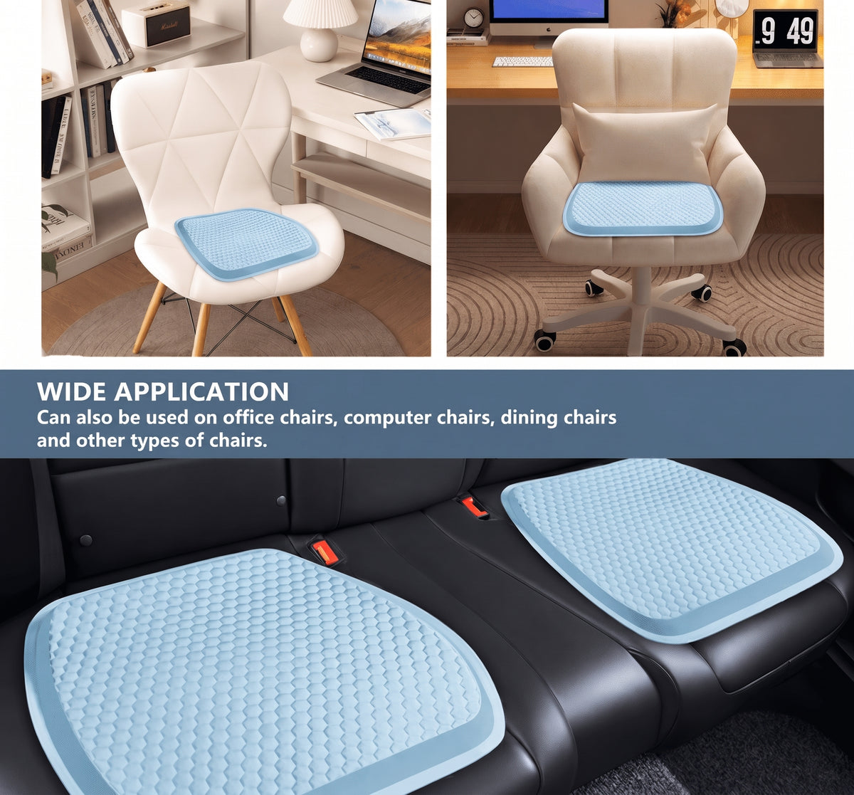 A light blue cooling gel seat cushion shown on a home office chair and a car seat for versatile comfort.