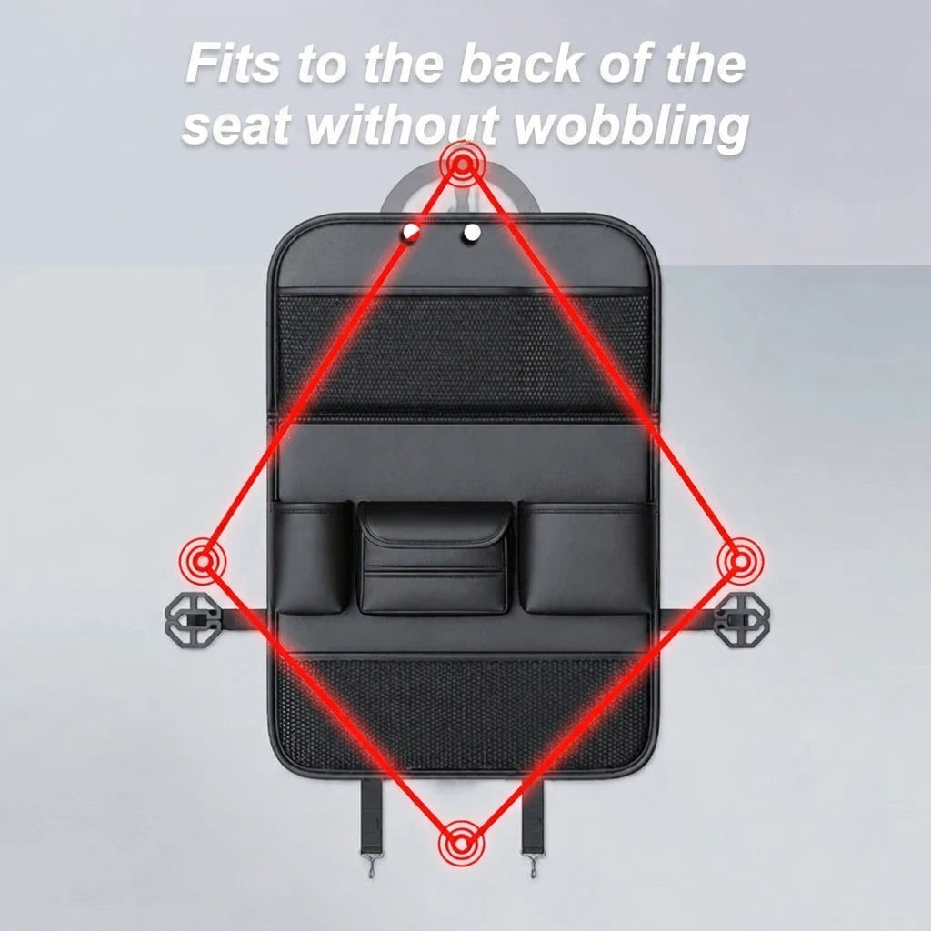A black car seat organiser shown with a red diamond overlay indicating secure attachment points on the back of a seat.