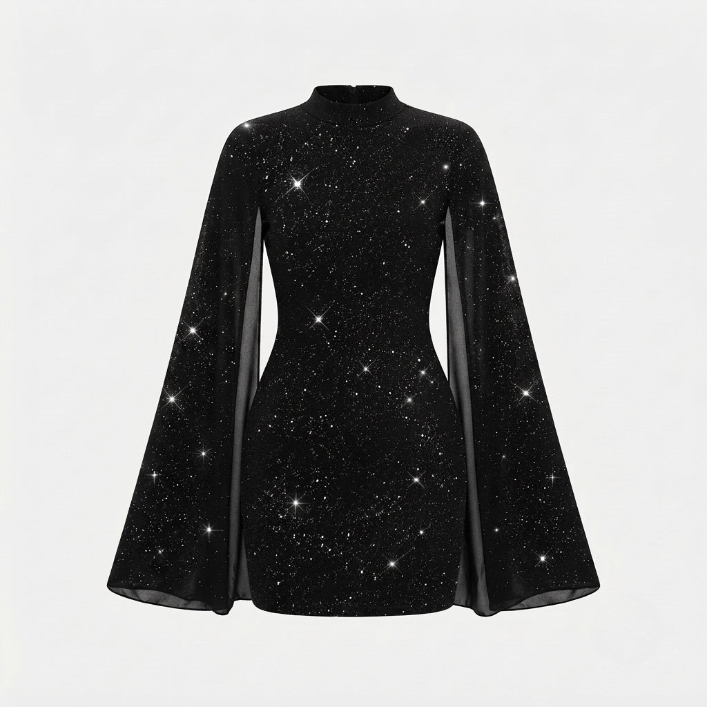 Cocktail Dress with Glitter Cape Sleeves – Ribbed Mini Fit for Formal Parties - We are MFEO