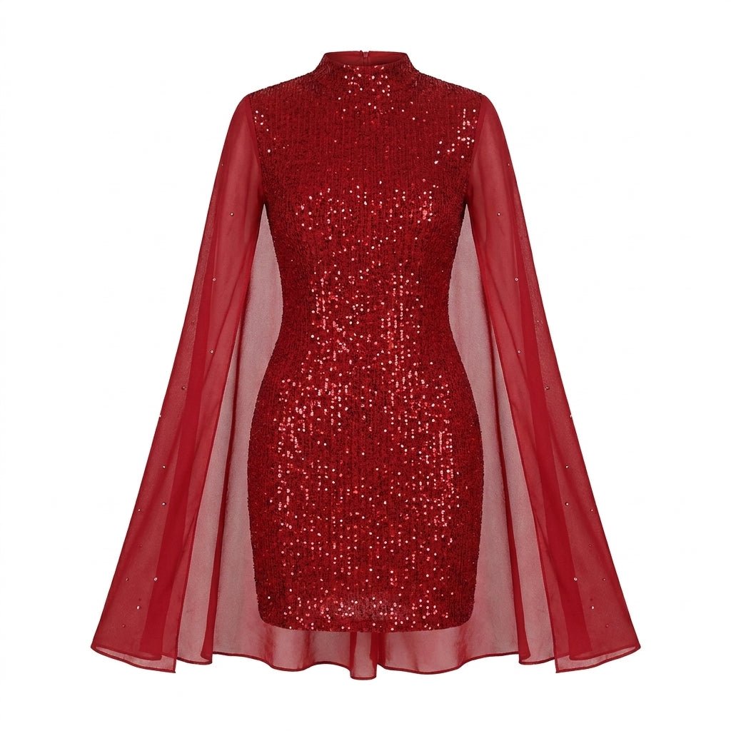 Cocktail Dress with Glitter Cape Sleeves – Ribbed Mini Fit for Formal Parties - We are MFEO