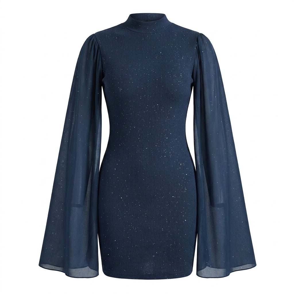 Cocktail Dress with Glitter Cape Sleeves – Ribbed Mini Fit for Formal Parties - We are MFEO