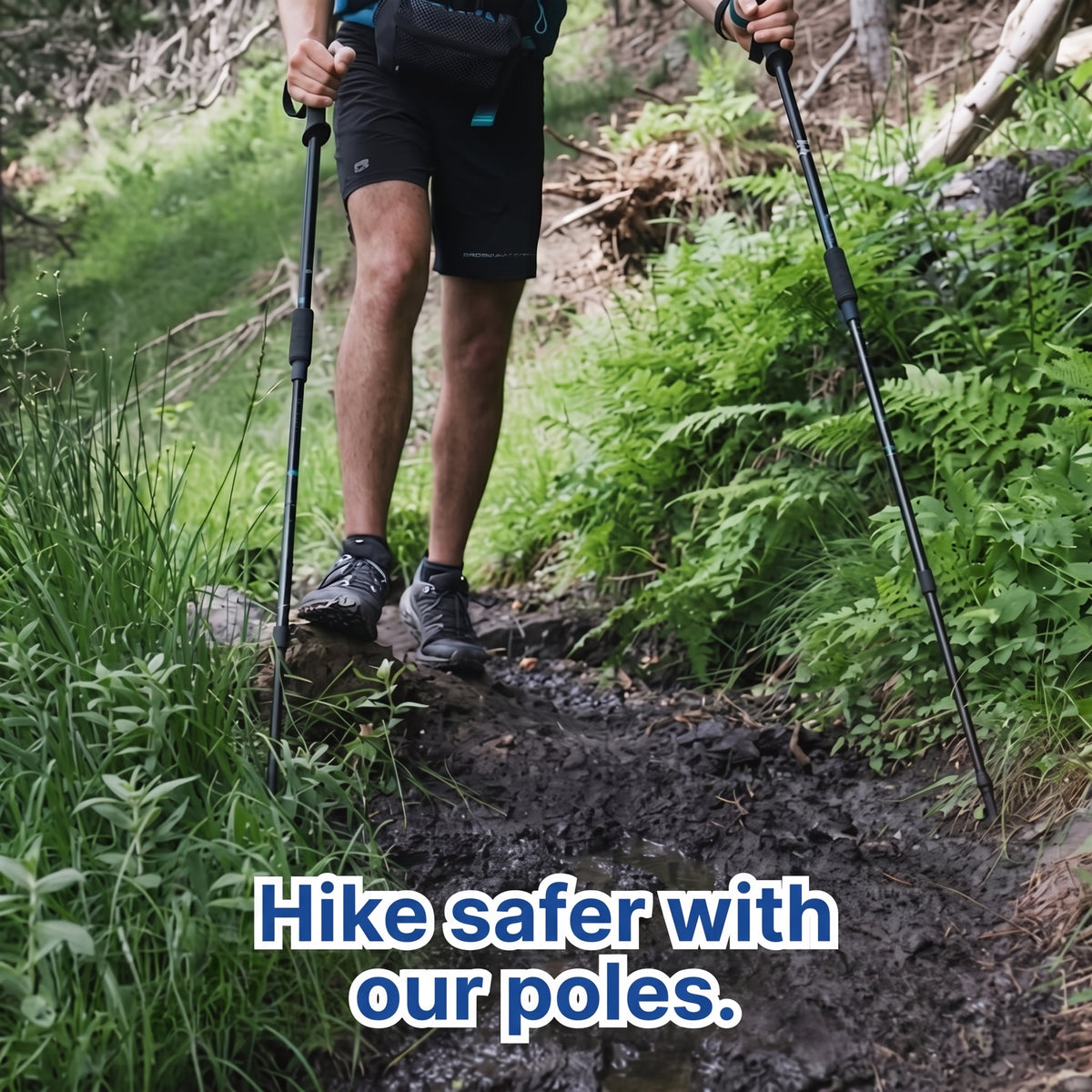 A hiker walking on a muddy forest trail using adjustable trekking poles for better stability.