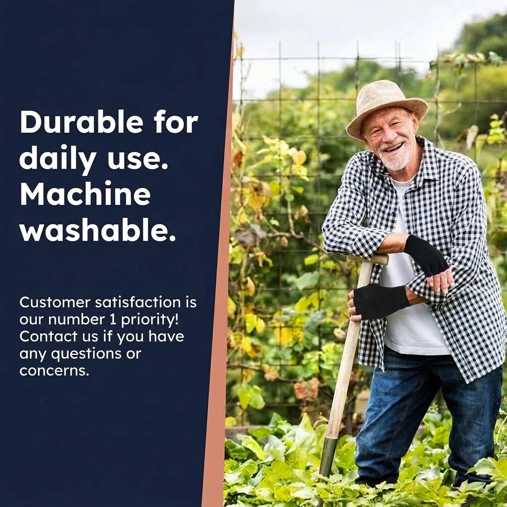 A smiling elderly man in a garden wearing compression gloves, with text overlay about product durability and customer support.