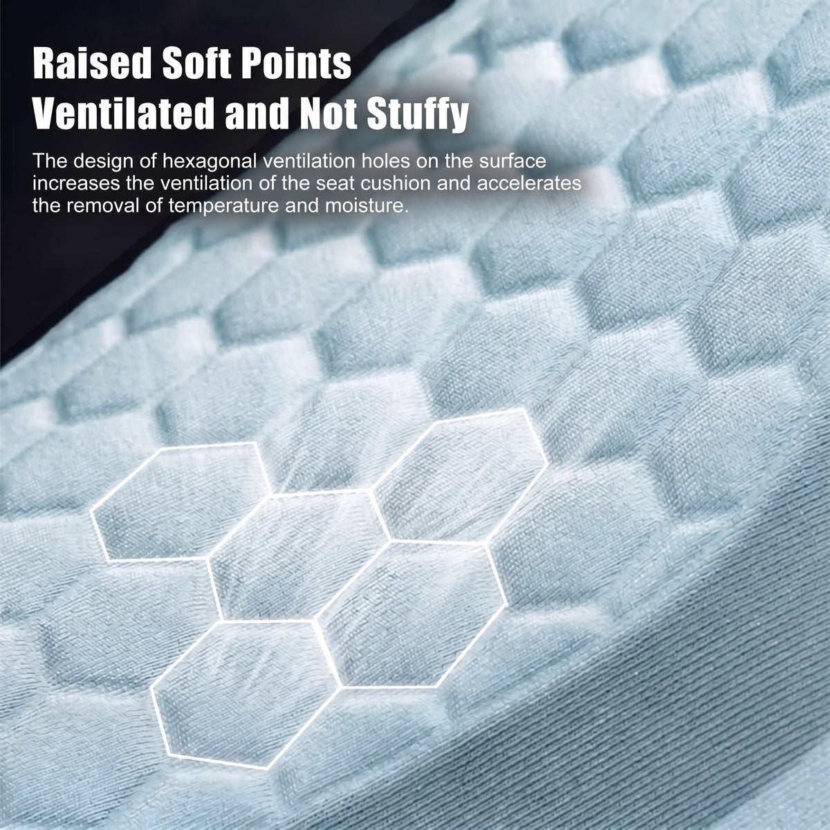 Close-up of a blue, textured cooling gel car seat cushion featuring a hexagonal pattern for improved airflow and comfort.