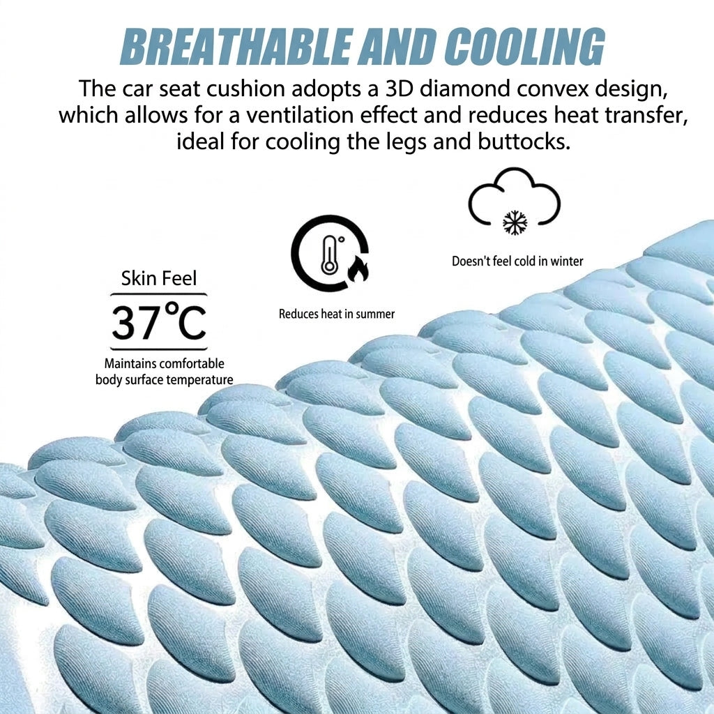 A close-up of a 3D diamond-patterned cooling car seat cushion designed for ventilation and temperature regulation.