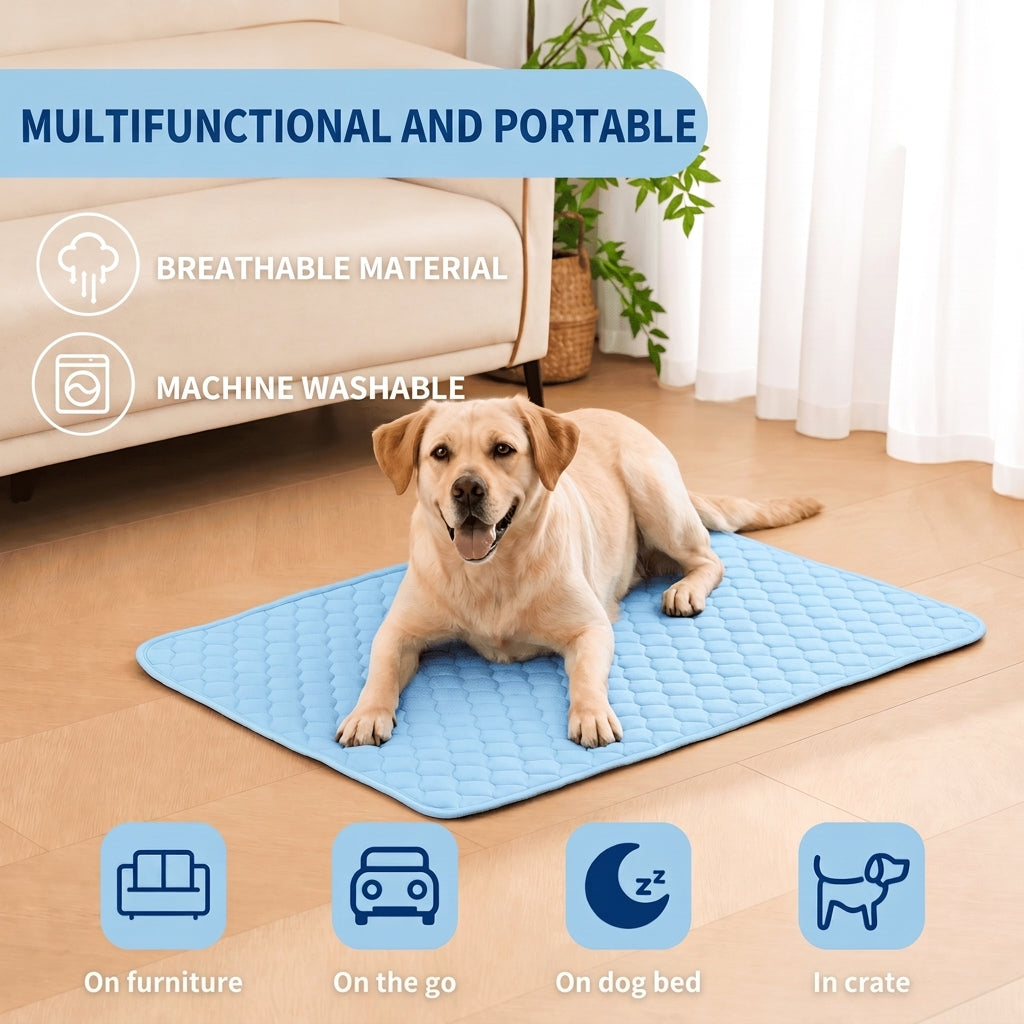 A Labrador retriever lying on a light blue cooling mat on a wooden floor in a bright living room.
