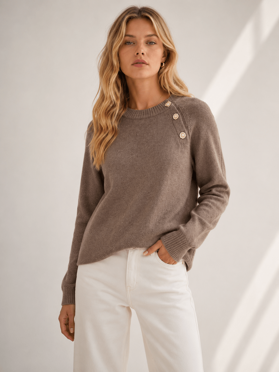 Crew Neck Knit Sweater with Diagonal Button Detail – Regular Fit for Autumn/Winter - We are MFEO