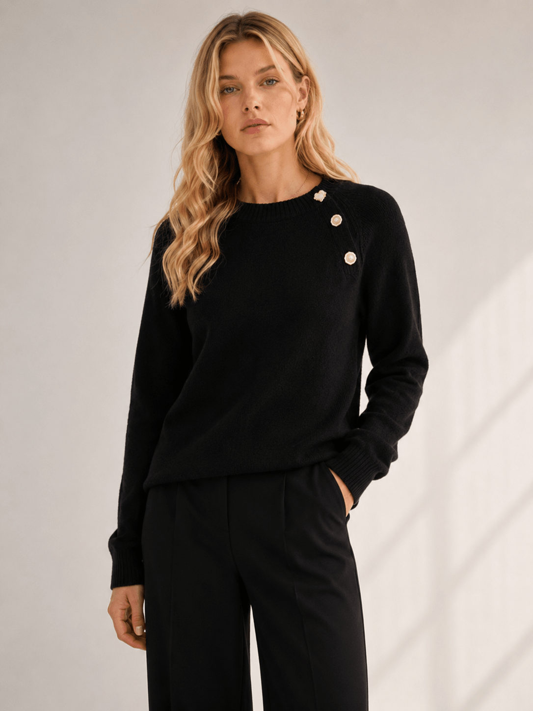 Crew Neck Knit Sweater with Diagonal Button Detail – Regular Fit for Autumn/Winter - We are MFEO