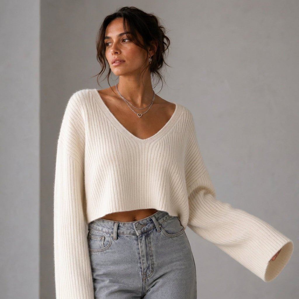 Cropped V-Neck Sweater with Crochet Texture – High Stretch Knit for Autumn/Winter - We are MFEO