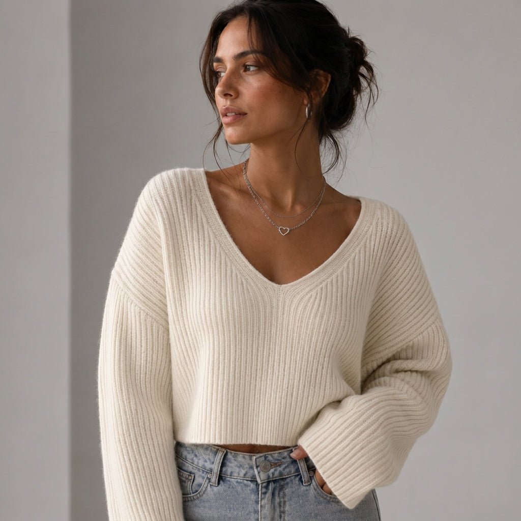 Cropped V-Neck Sweater with Crochet Texture – High Stretch Knit for Autumn/Winter - We are MFEO