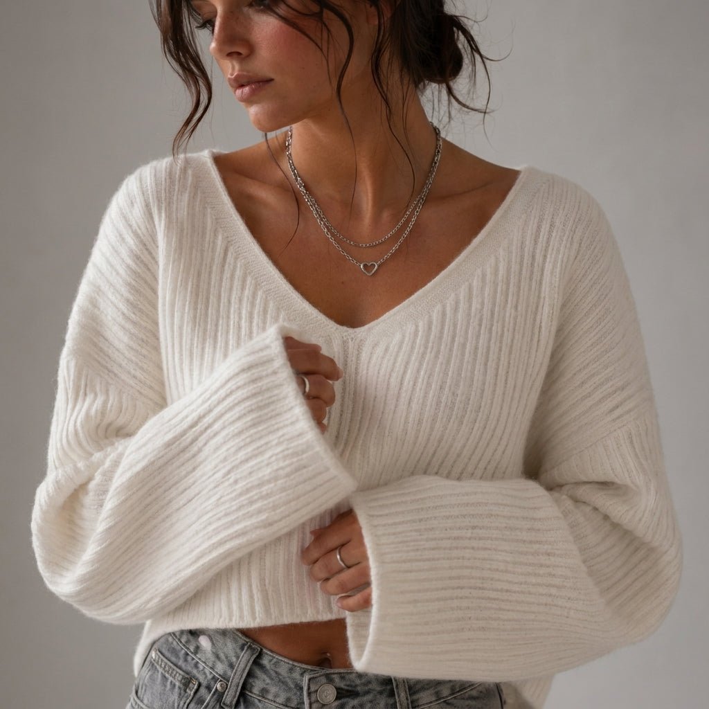 Cropped V-Neck Sweater with Crochet Texture – High Stretch Knit for Autumn/Winter - We are MFEO