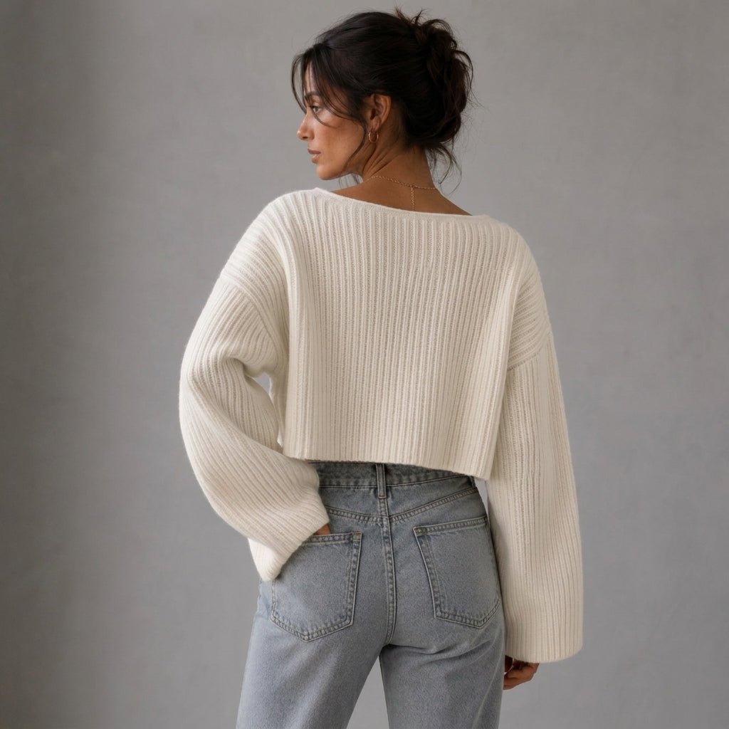 Cropped V-Neck Sweater with Crochet Texture – High Stretch Knit for Autumn/Winter - We are MFEO