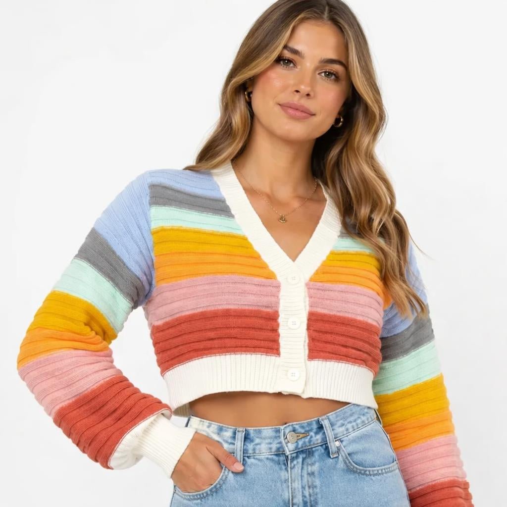 Cropped Women's Cardigan – Rainbow Stripes with V-Neck - We are MFEO