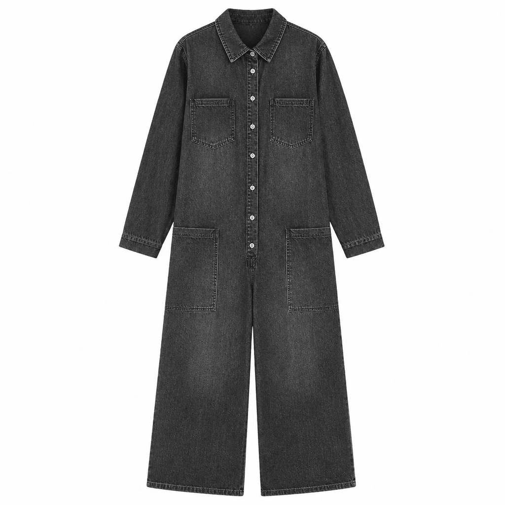 Denim Jumpsuit with Button-Front – Wide-Leg Relaxed Fit - We are MFEO