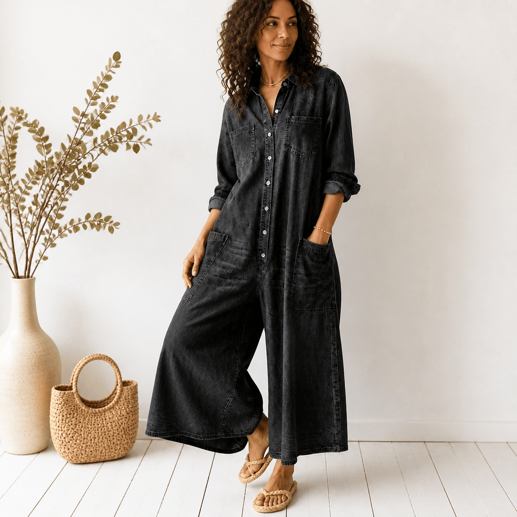 Denim Jumpsuit with Button-Front – Wide-Leg Relaxed Fit - We are MFEO