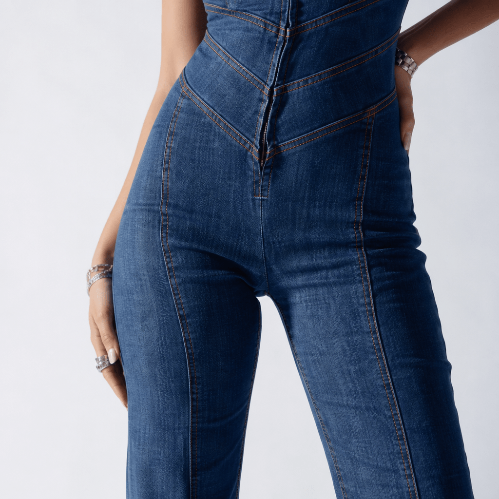 Denim Jumpsuit with Front Zip – Slim Fit Flared Legs - We are MFEO