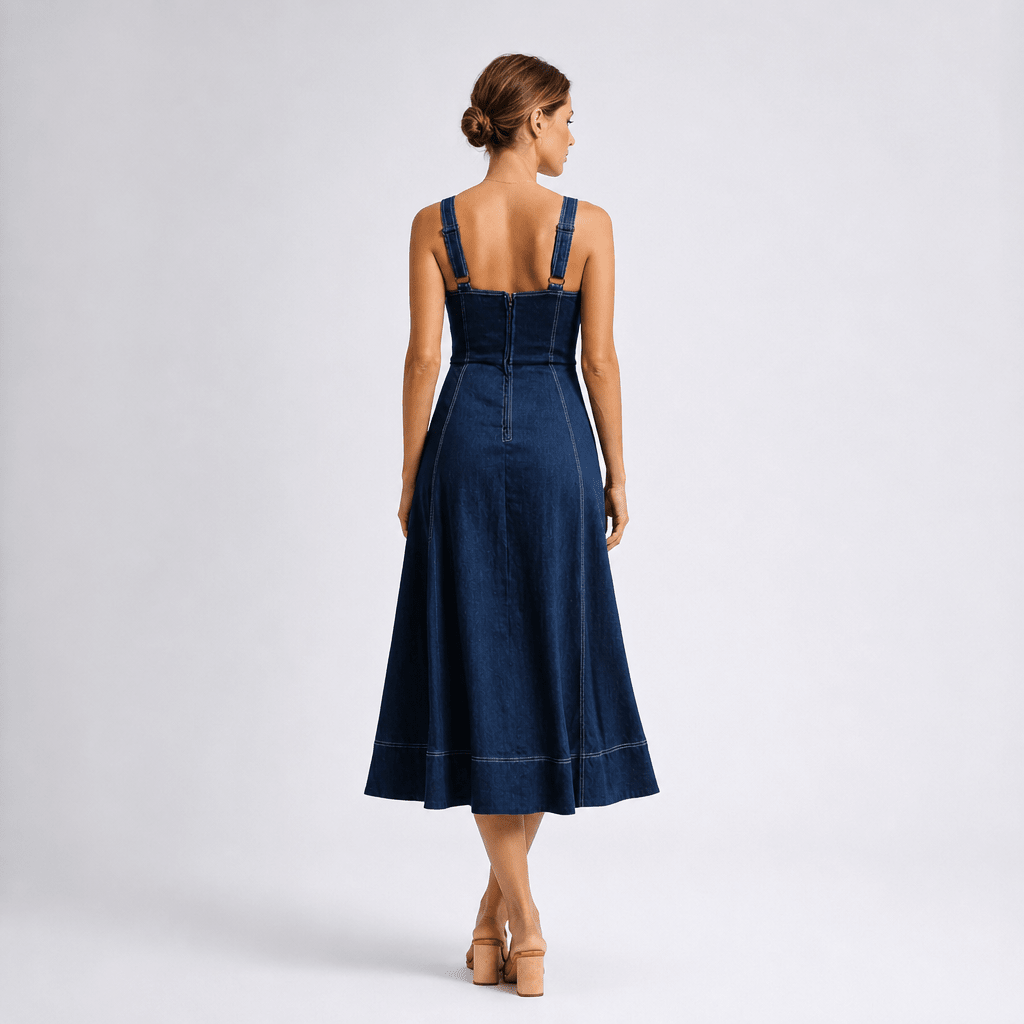 Denim Midi Dress – Sweetheart Neckline with Front Pockets for Summer Casual Wear - We are MFEO