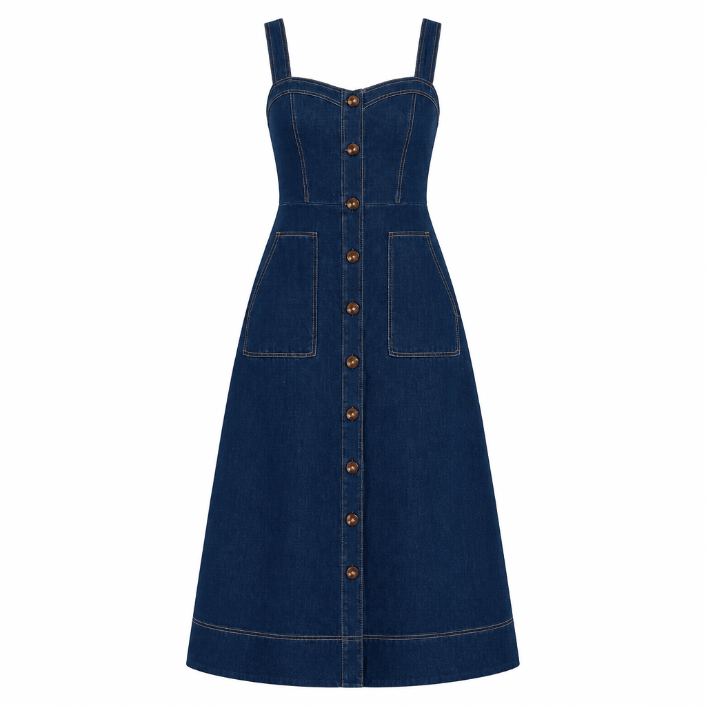 Denim Midi Dress – Sweetheart Neckline with Front Pockets for Summer Casual Wear - We are MFEO