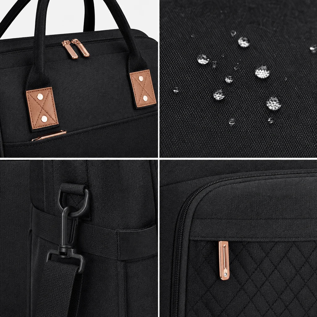 A collage showing details of a black baby travel bag, including rose gold zippers, water-resistant fabric, and quilted pockets.