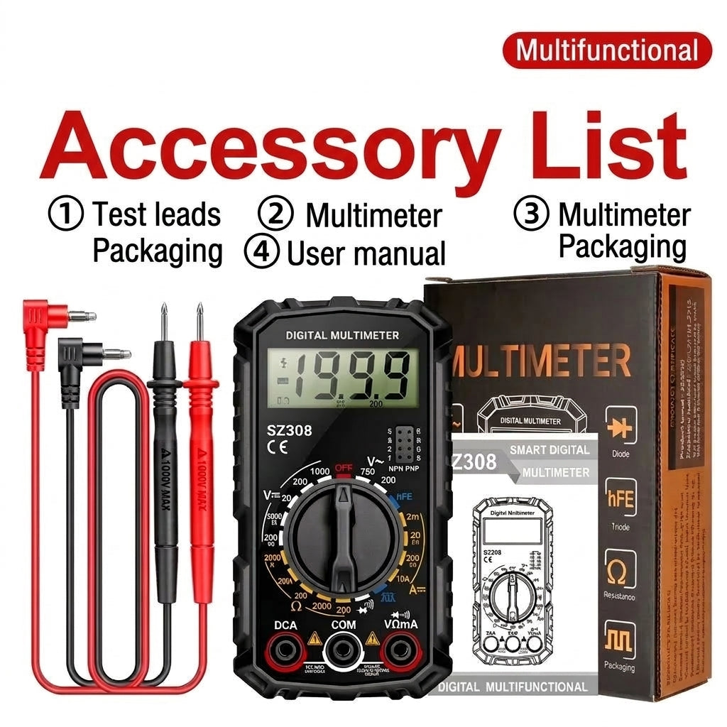 A digital multimeter kit including test leads, the device itself, and its packaging, displayed on a white background.