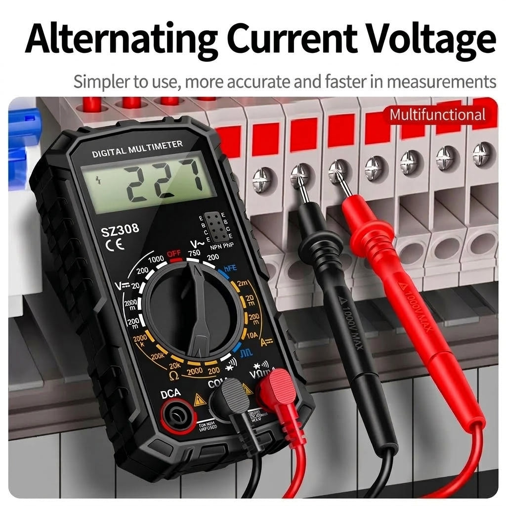 A digital multimeter with black and red probes connected to an electrical terminal block, showing a voltage reading.