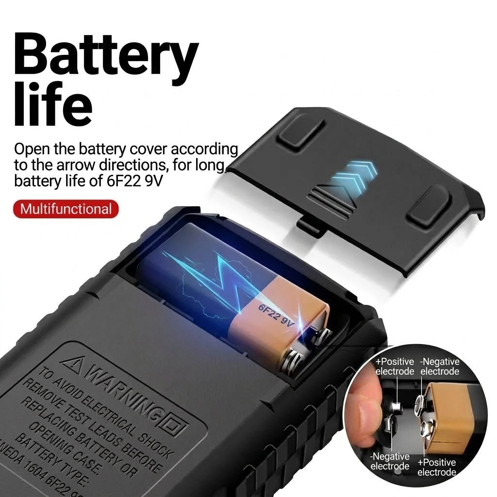 A digital multimeter battery compartment diagram showing how to correctly insert a 9V battery with positive and negative terminals.