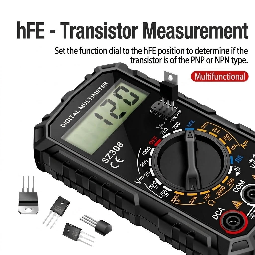 A digital multimeter set to the hFE function for testing NPN and PNP transistors, with several transistor components nearby.