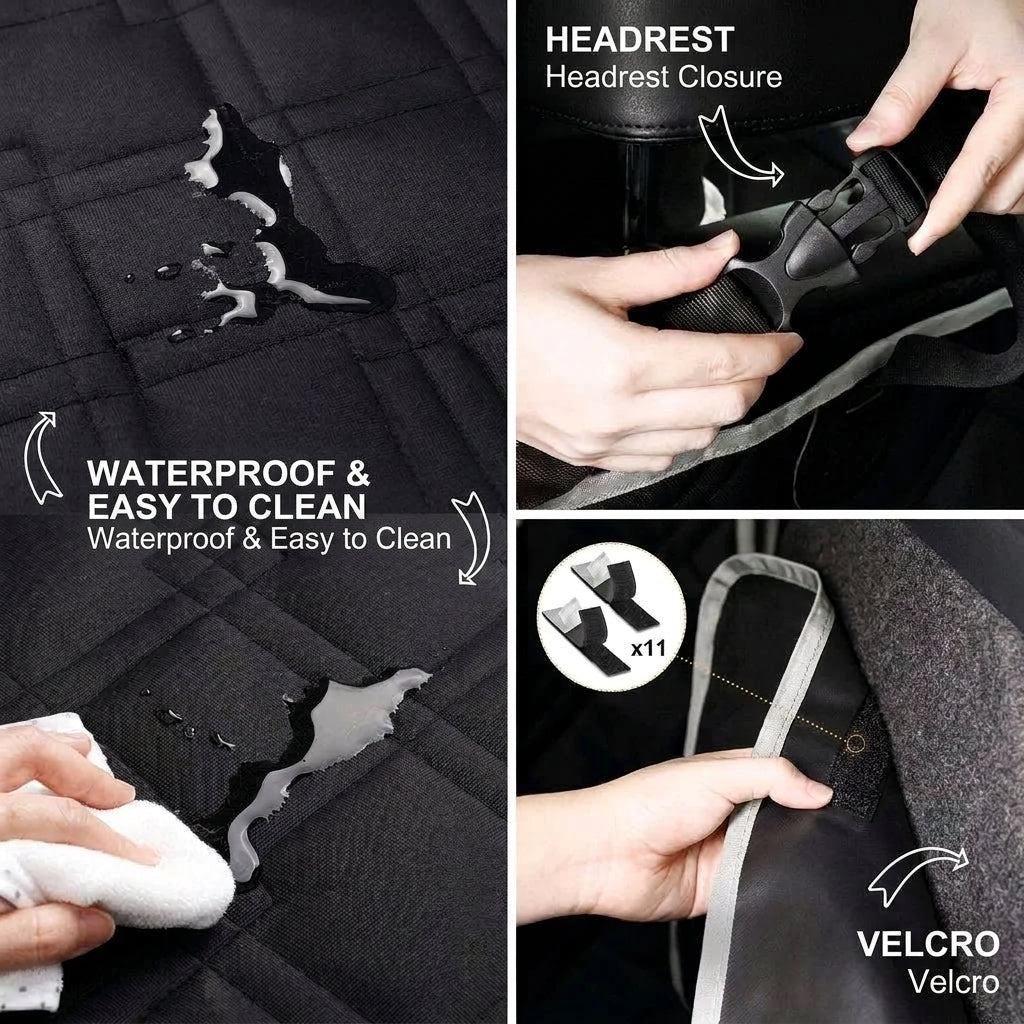Close-up views of a waterproof dog car boot cover showing the headrest buckle, cleaning surface, and velcro attachment points.