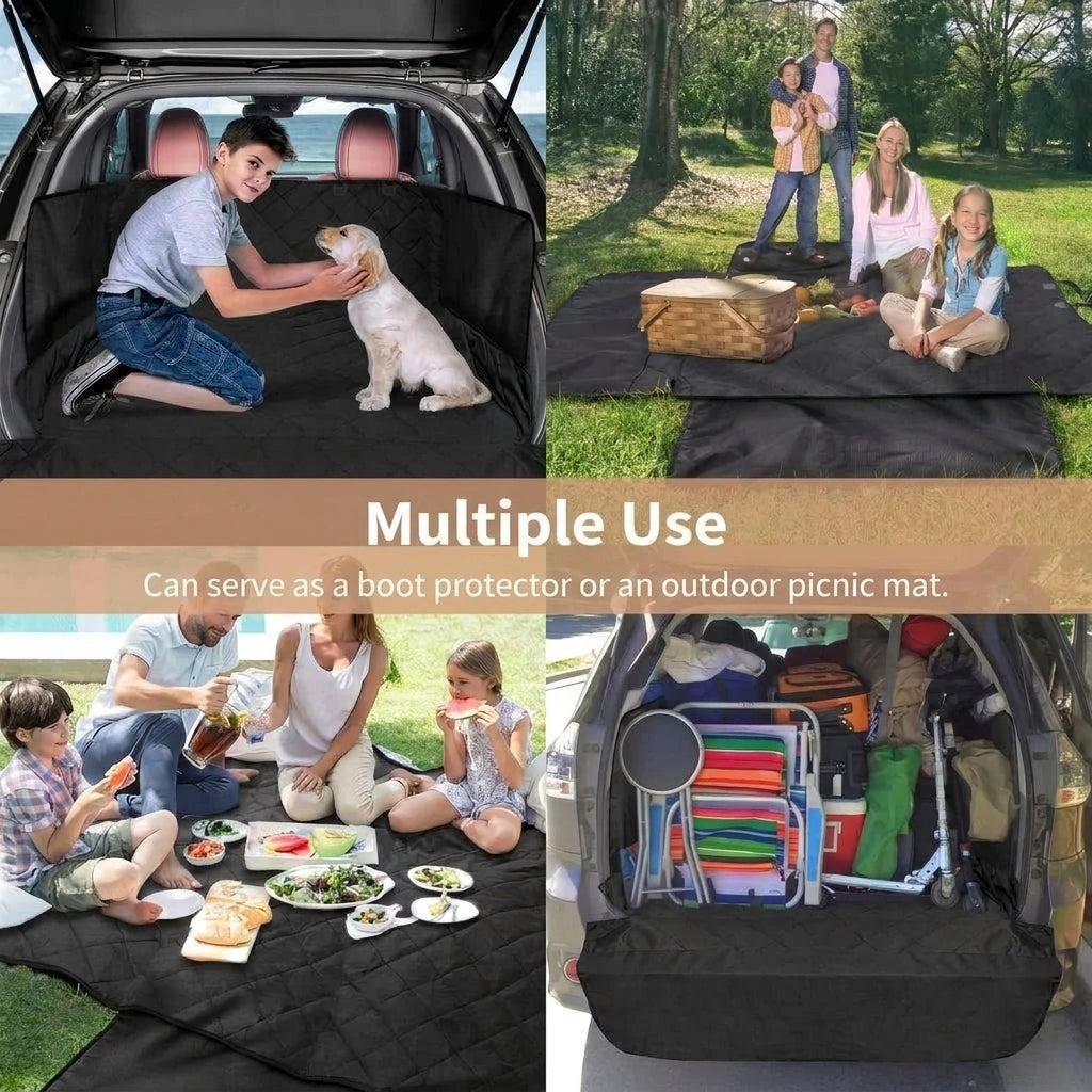 A versatile waterproof mat used as a car boot protector for a dog or as a picnic blanket for a family outdoors.