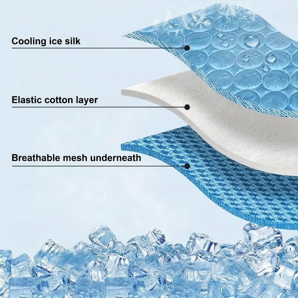 A cross-section diagram of a dog cooling mat showing three layers: ice silk, cotton, and a breathable mesh base.