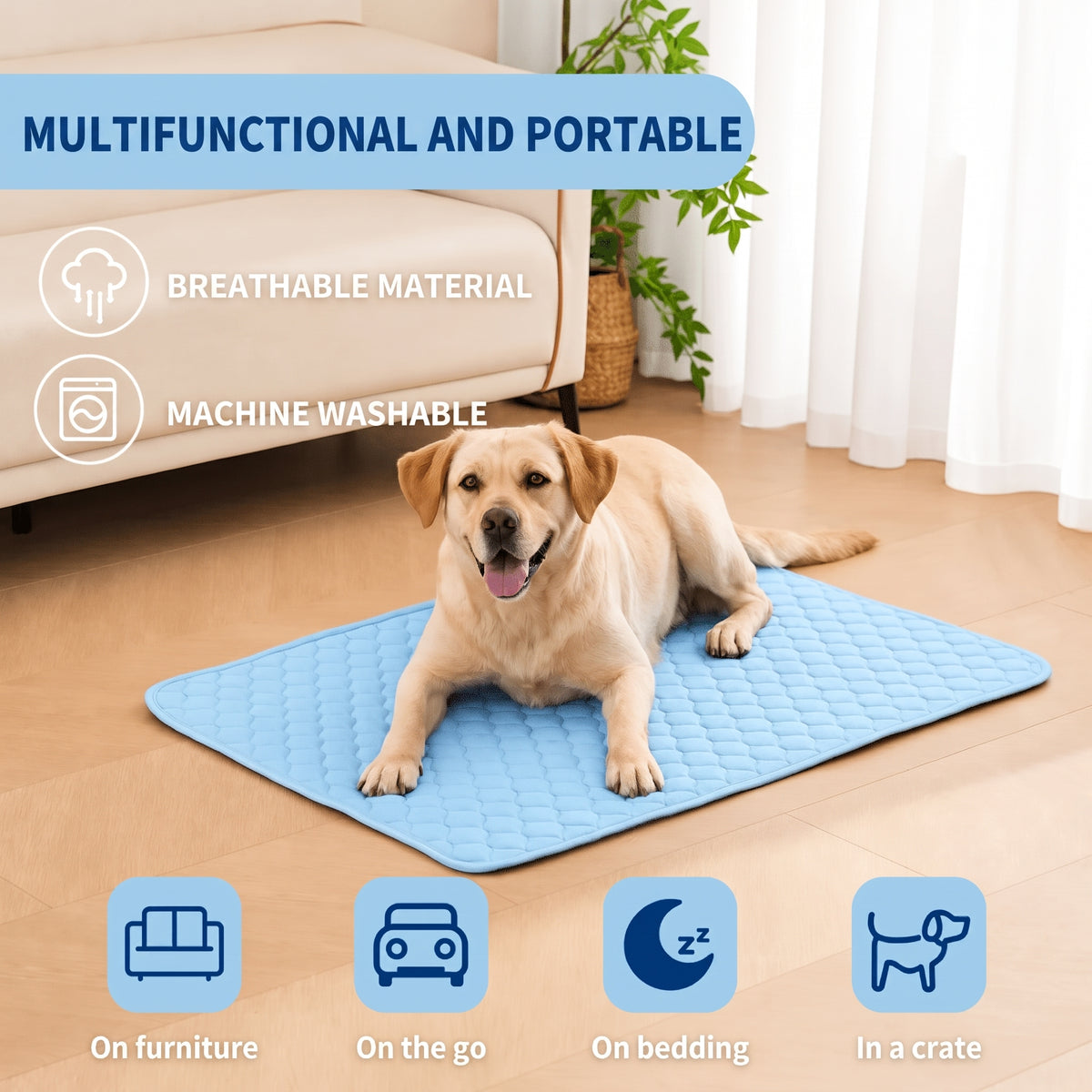 A Labrador retriever lying on a light blue quilted cooling mat on a wooden floor in a bright living room.