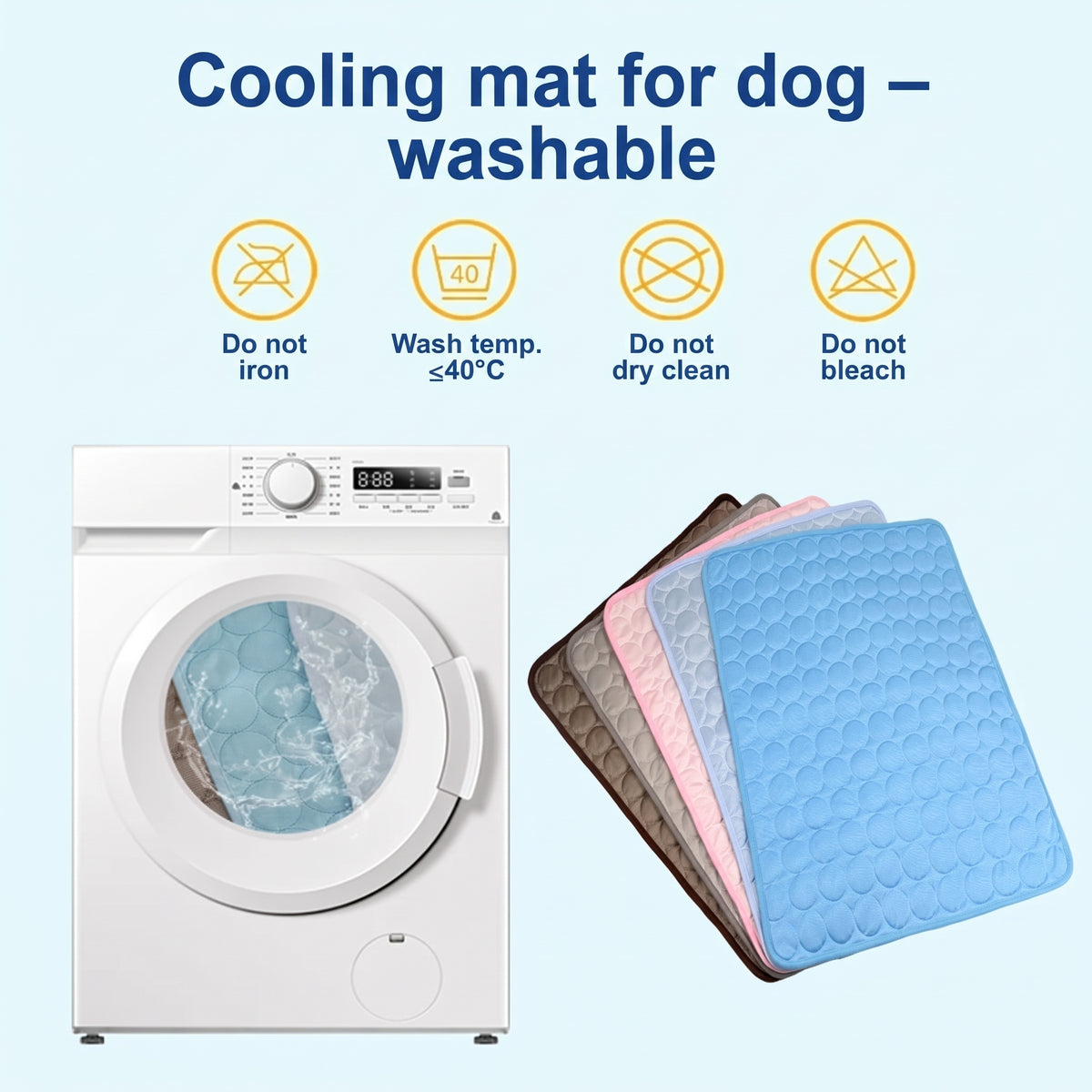 A machine-washable dog cooling mat shown in four colours next to a washing machine with laundry care instructions.