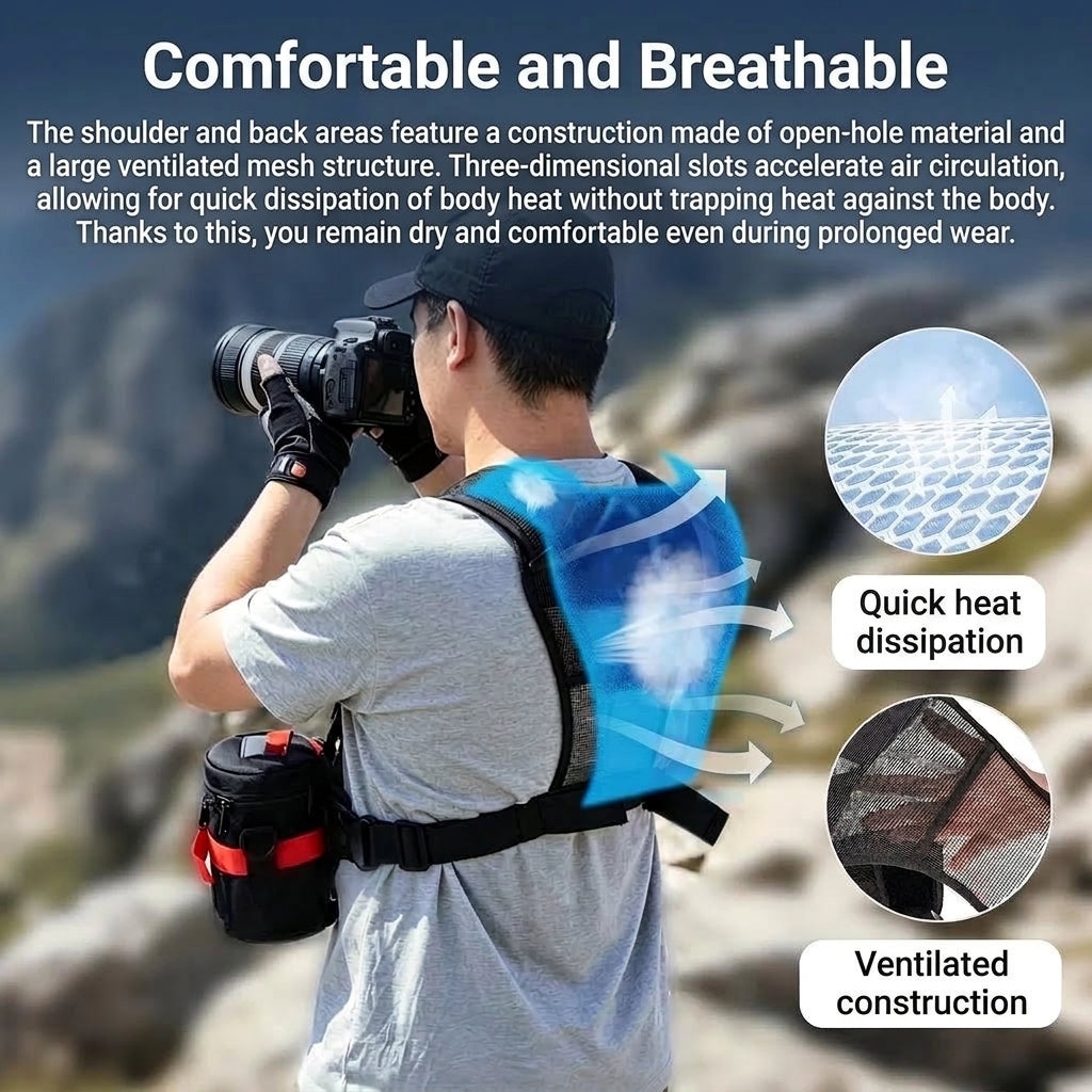 A photographer wearing a breathable, ventilated dual camera harness that keeps the back and shoulders cool and dry.