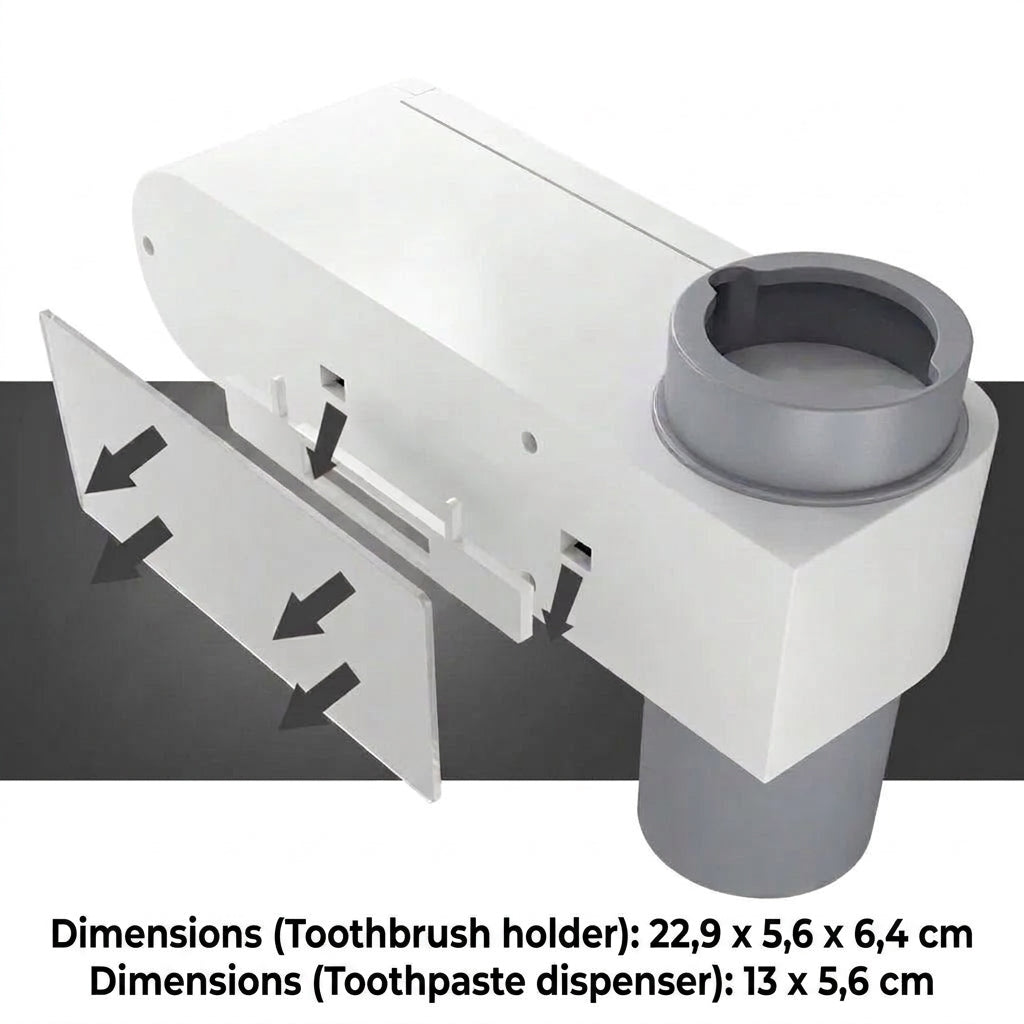 A diagram showing the dimensions of a white wall-mounted electric toothbrush holder and toothpaste dispenser.