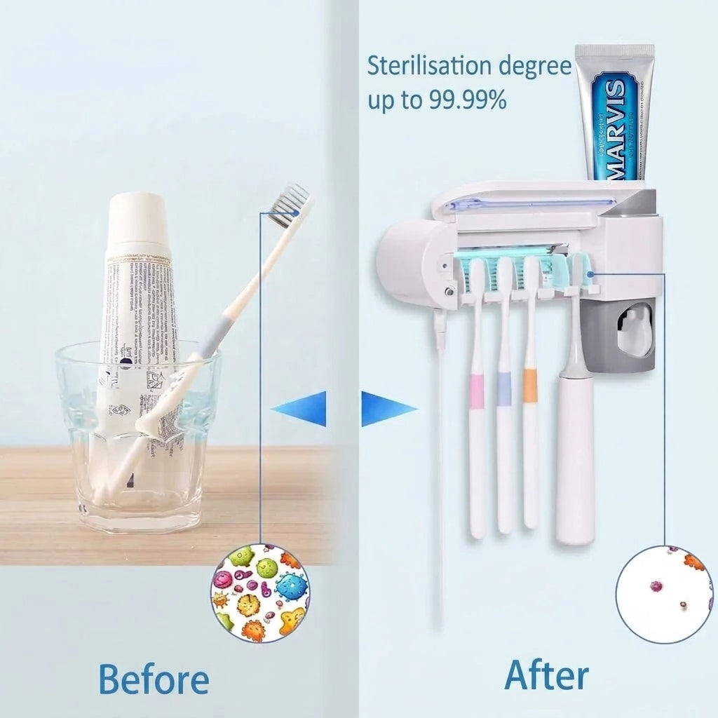 A comparison showing a toothbrush in a glass before using a wall-mounted UV steriliser and toothpaste dispenser.