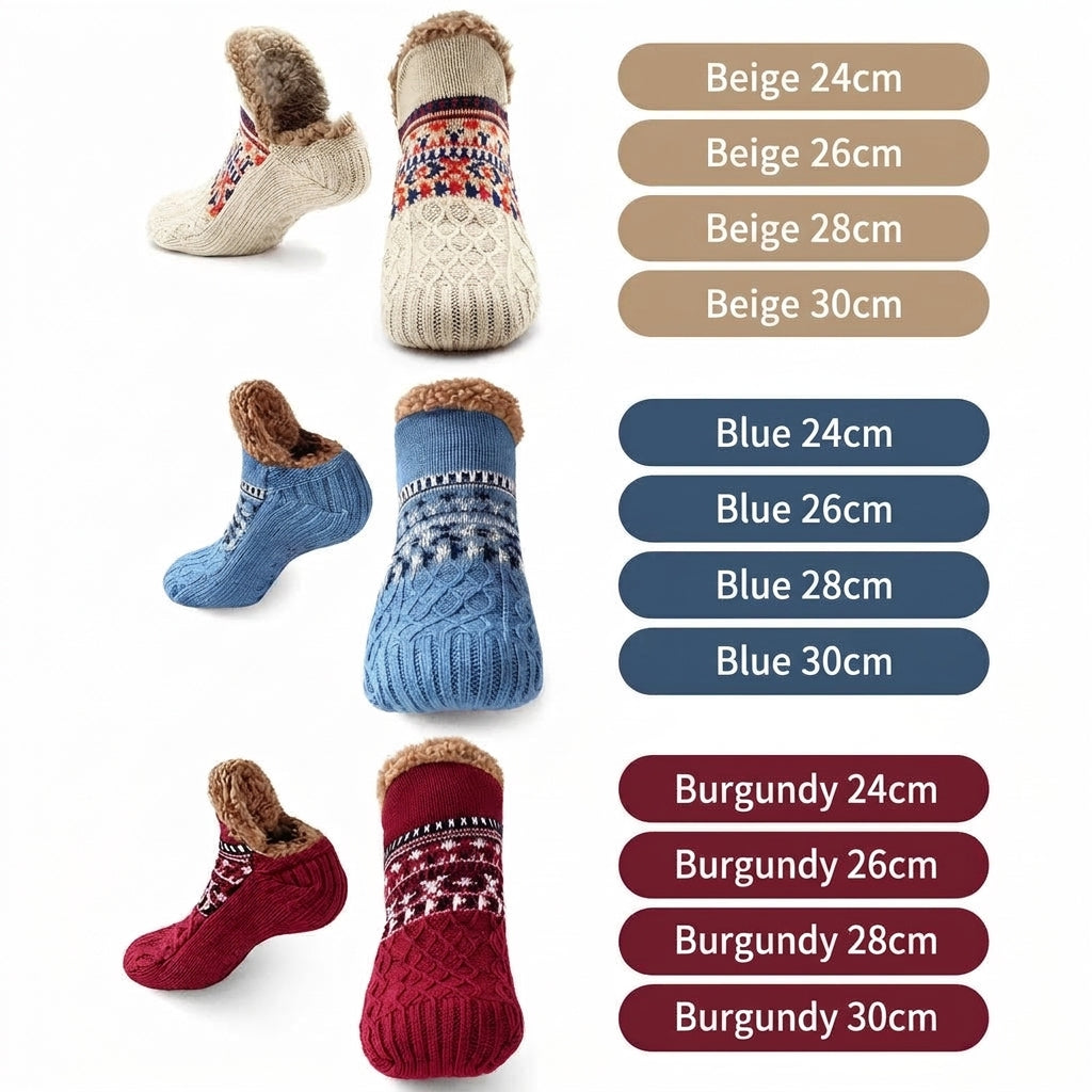 Three pairs of fleece-lined grip socks in beige, blue, and burgundy, each shown in four different sizes from 24cm to 30cm.