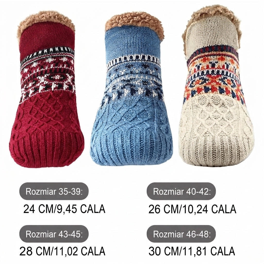 Three fleece-lined winter grip socks in red, blue, and cream, displayed with a size chart showing measurements in centimetres and inches.