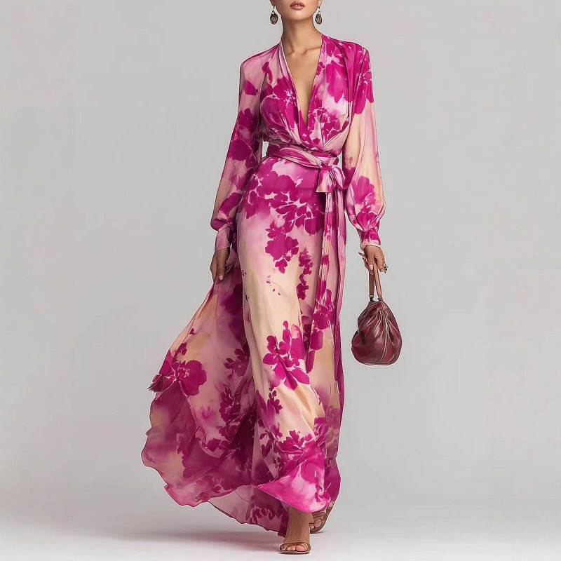 Floral Maxi Dress – Chiffon with Tie Waist and Lantern Sleeves for Evening Events - We are MFEO