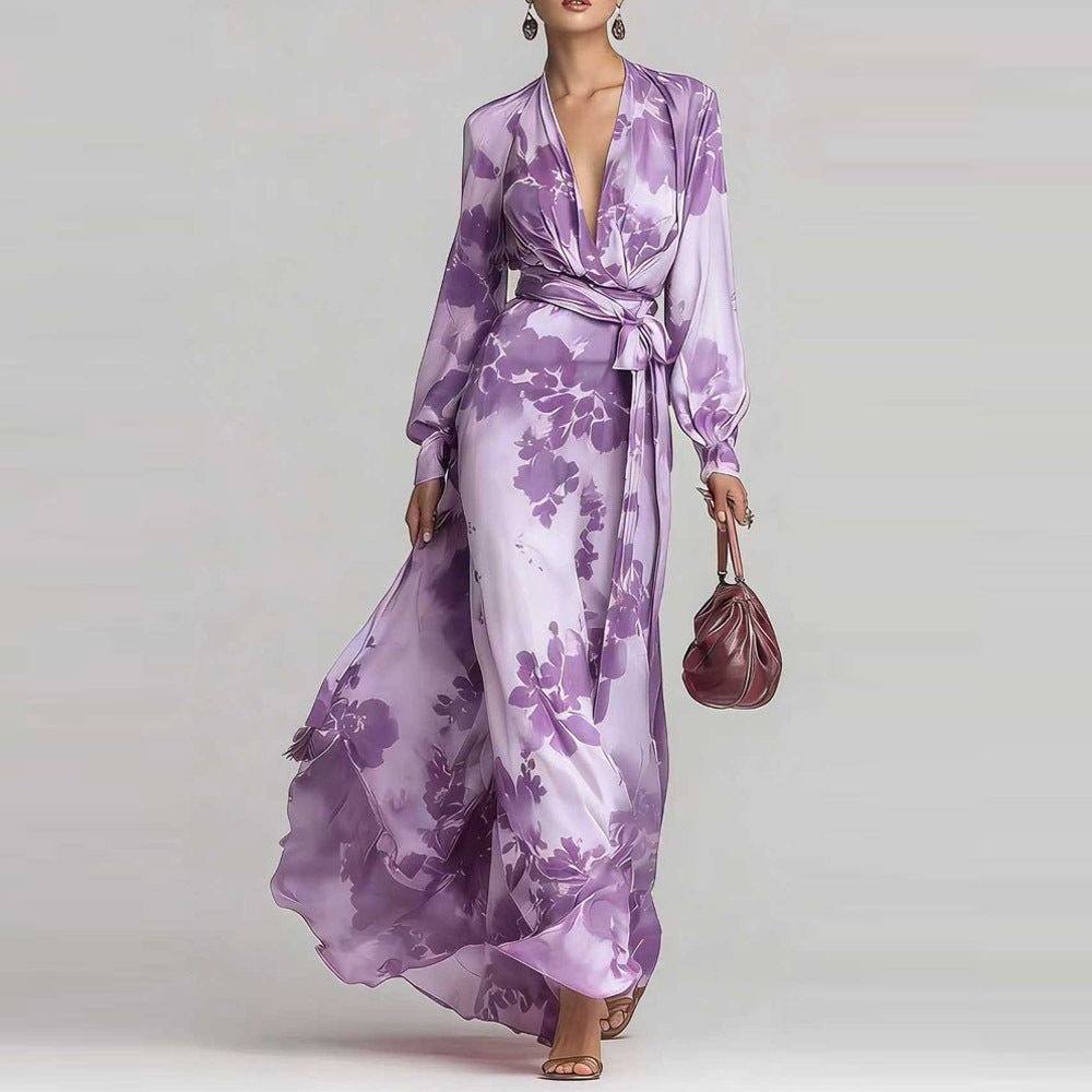 Floral Maxi Dress – Chiffon with Tie Waist and Lantern Sleeves for Evening Events - We are MFEO