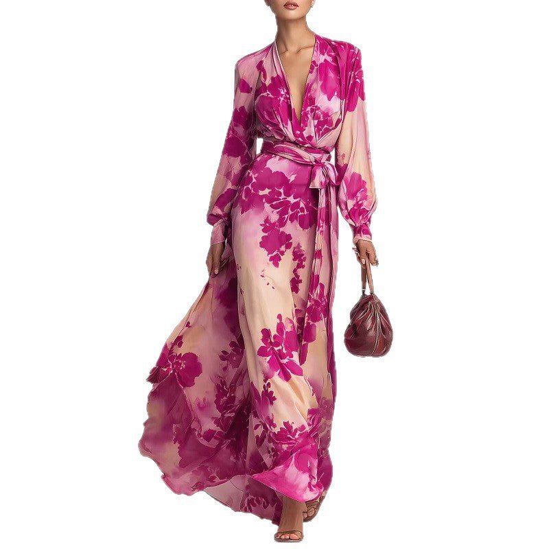 Floral Maxi Dress – Chiffon with Tie Waist and Lantern Sleeves for Evening Events - We are MFEO