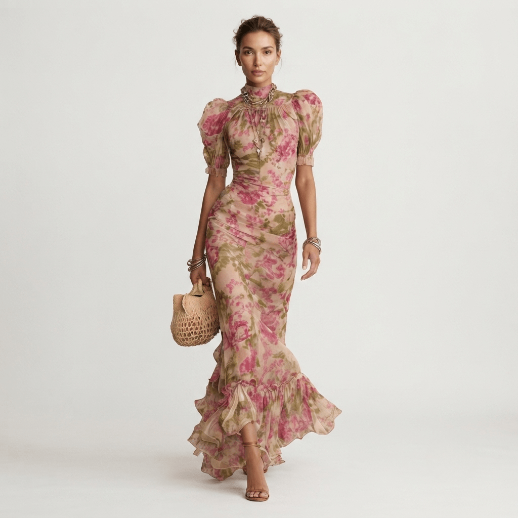 Floral Maxi Dress - Mermaid Cut with Puff Sleeves for Summer Weddings and Events - We are MFEO