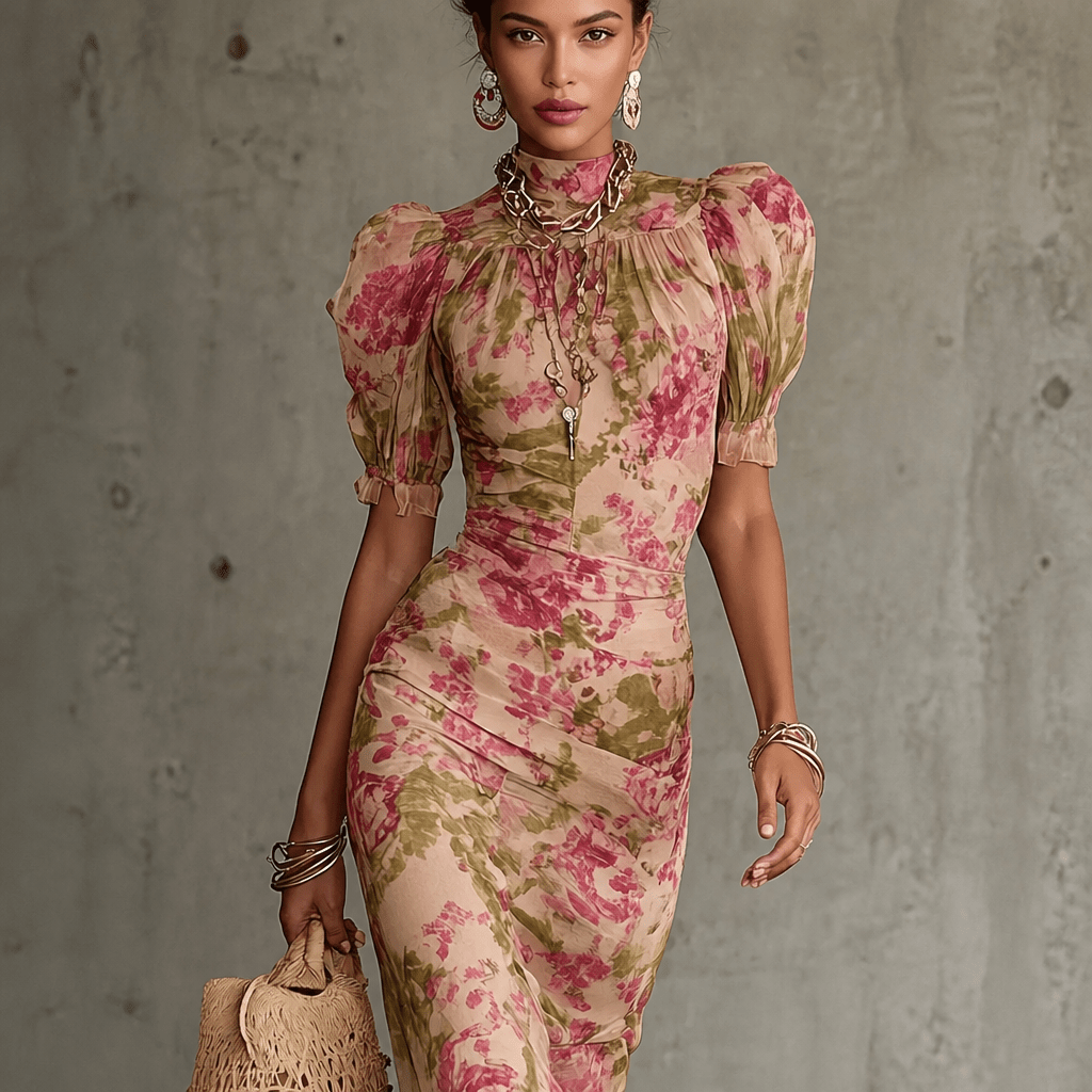 Floral Maxi Dress - Mermaid Cut with Puff Sleeves for Summer Weddings and Events - We are MFEO