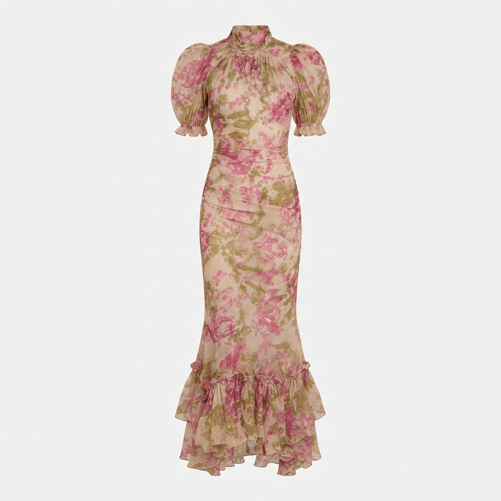 Floral Maxi Dress - Mermaid Cut with Puff Sleeves for Summer Weddings and Events - We are MFEO