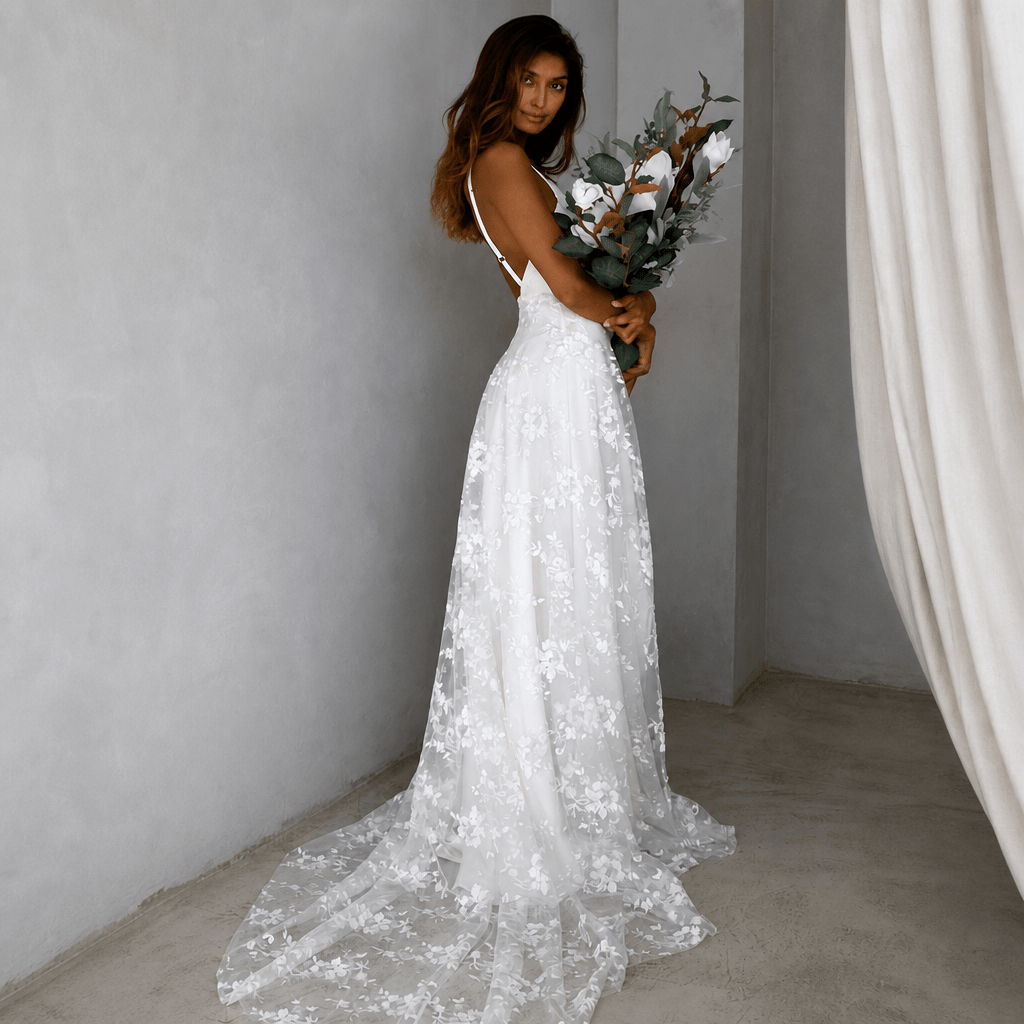 Floral Maxi Dress – Thigh Split and Open Back for Formal Weddings - We are MFEO