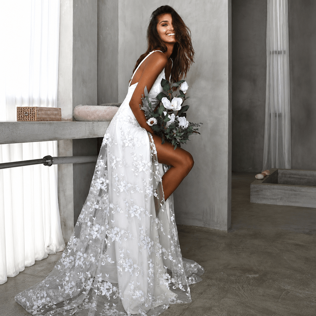 Floral Maxi Dress – Thigh Split and Open Back for Formal Weddings - We are MFEO