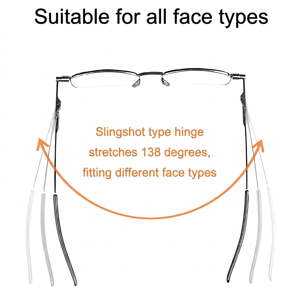 Top-down view of stainless steel reading glasses showing flexible hinges that extend 138 degrees for a comfortable fit.