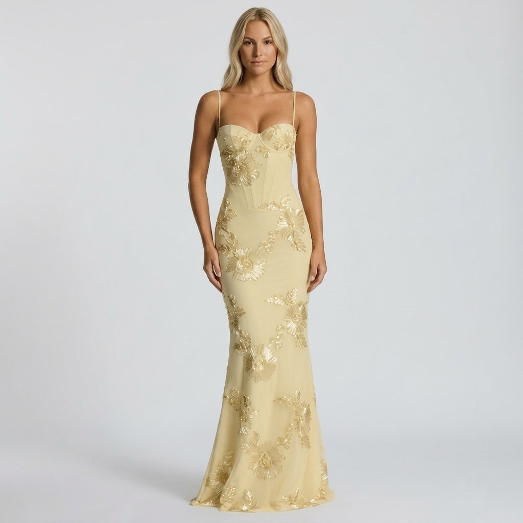 Formal Maxi Dress with Corset Bodice – Embroidered Mermaid Style for Special Events