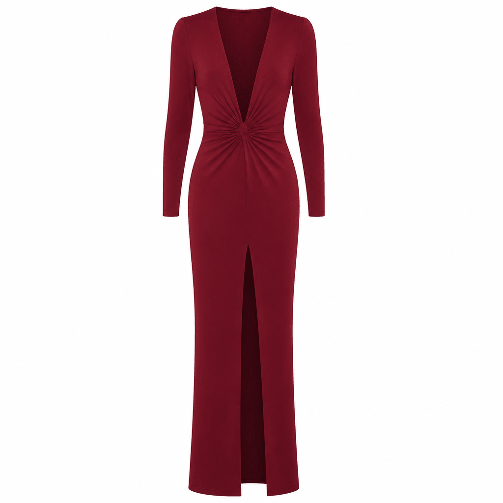 Formal Maxi Dress with V Neck – Long Sleeve Evening Gown with Side Split - We are MFEO