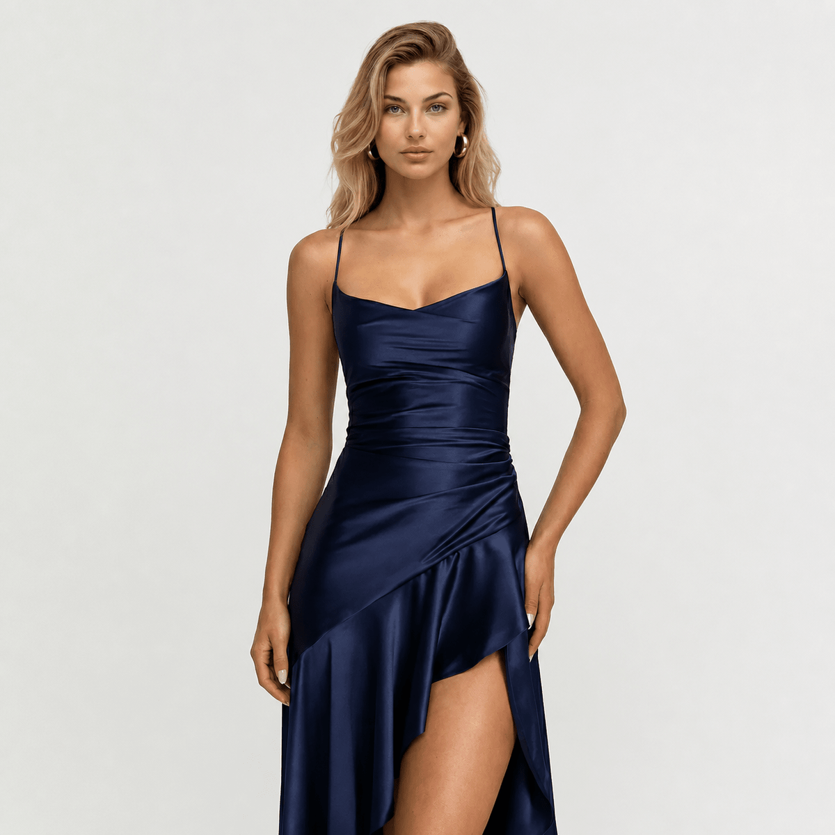 Formal Satin High-Low Maxi Dress with Draped Neckline for Special Occasions - We are MFEO