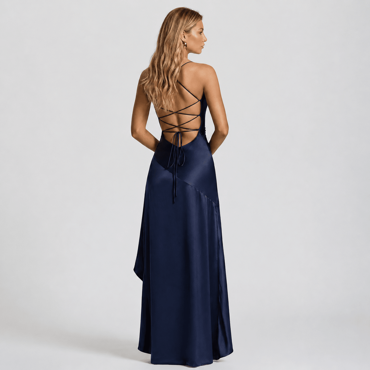 Formal Satin High-Low Maxi Dress with Draped Neckline for Special Occasions - We are MFEO